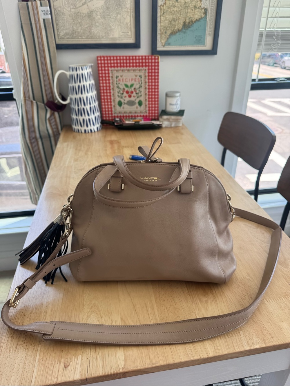 Taupe Leather Lancel Satchel with Crossbody Strap